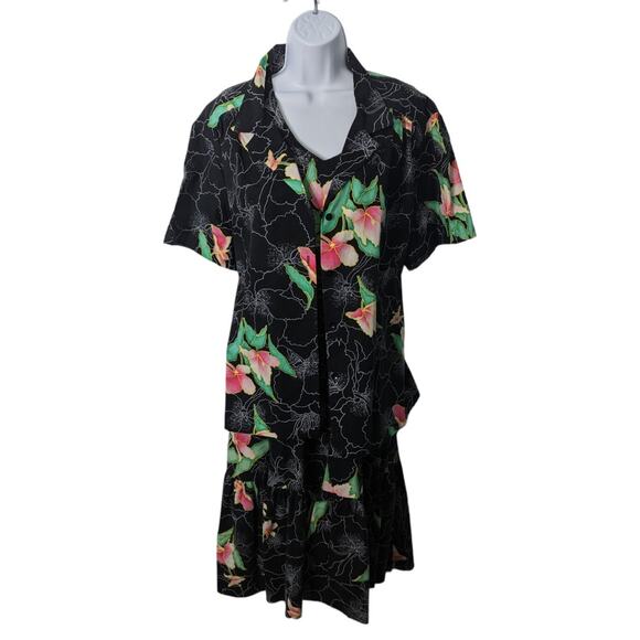 Vintage Hilo Hattie Short Sleeve Shirt Midi Dress Set Black Gray Color Floral - Picture 1 of 11